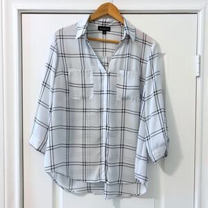 Fortune + Ivy 3/4 Length Button-Up Blouse | Black and White - XL